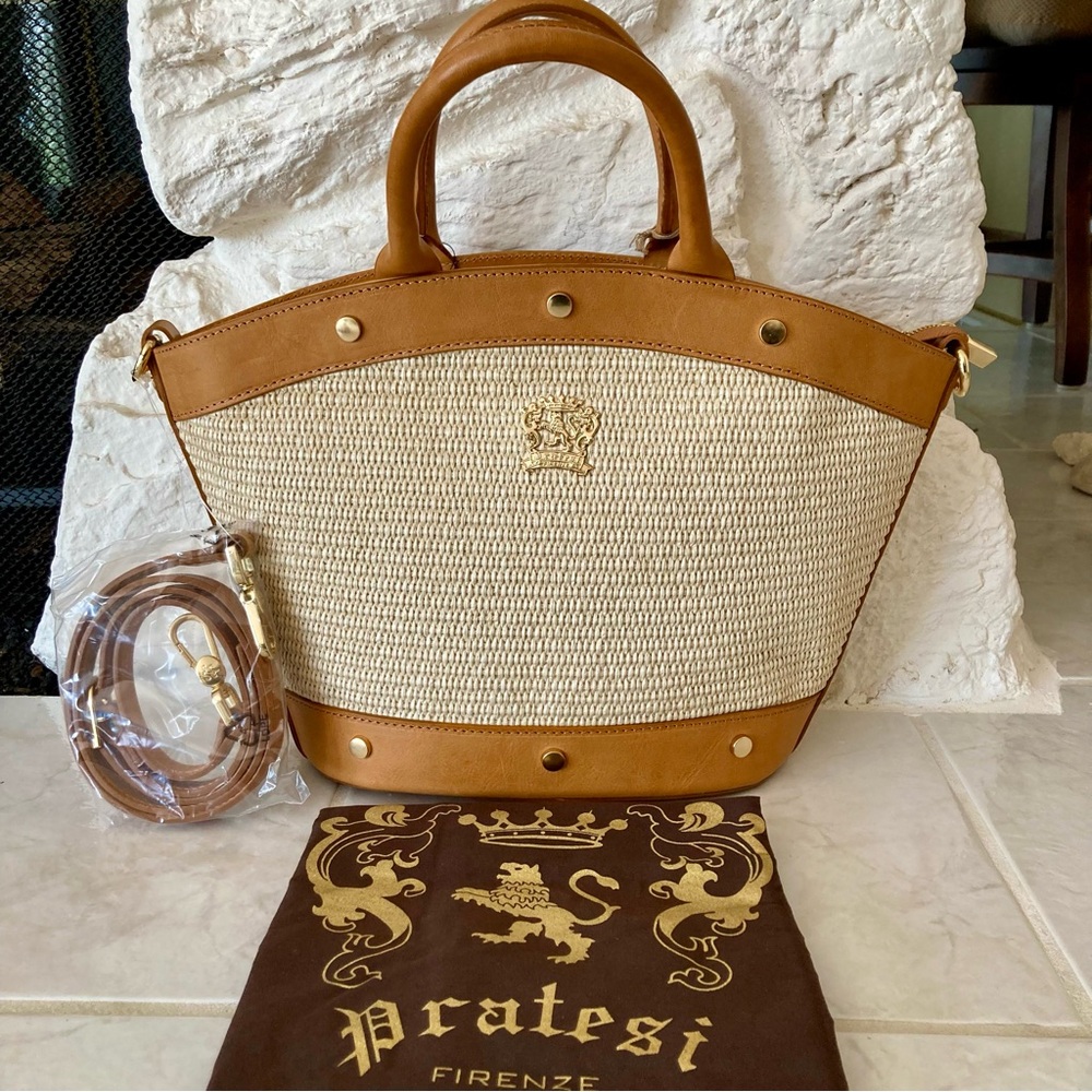 NWT Pratesi Firenze Italian raffia and handmade leather tote bag/crossbody
